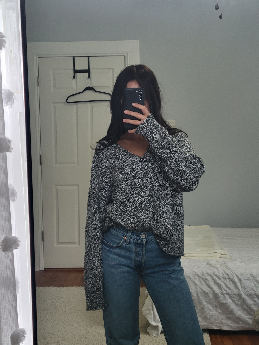 Lucky Brand Black and White Marled V-Neck Sweater